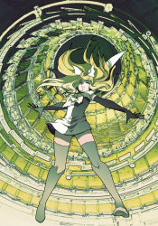 alternate_hairstyle bad_id bad_pixiv_id black_thighhighs blonde_hair blue_eyes boots dress elbow_gloves from_below gloves hair_ornament hair_ribbon hairclip kagamine_rin long_hair m_otoko meltdown ribbon roshin_yuukai_(vocaloid) sailor_dress solo thigh_boots thighhighs vocaloid zettai_ryouiki