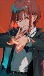 1girl belt black_belt black_coat black_necktie black_pants blurry braid braided_ponytail breasts buttoned_cuffs buttons chainsaw_man closed_mouth coat collared_shirt commentary cowboy_shot depth_of_field dress_shirt glint hair_between_eyes high-waist_pants highres light_smile long_sleeves looking_at_viewer makima_(chainsaw_man) medium_breasts medium_hair necktie open_clothes open_coat own_hands_together pants red_background red_eyes red_hair shirt shirt_tucked_in simple_background smile solo tiv trench_coat white_shirt wing_collar