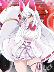 Rule 34 | 1girl, adjusting hair, alternate costume, animal ear fluff, animal ears, blush, bow, bowtie, breasts, cherry blossoms, contrapposto, cowboy shot, dot nose, extra ears, fox ears, fox girl, fox tail, fushimi inari taisha, hair between eyes, hanten (clothes), haori, haori himo, highres, japanese clothes, kemono friends, kimono, kiryu (rnrwbhybsxj4qgk), large breasts, leg ribbon, lens flare, long hair, long sleeves, looking at viewer, multiple torii, oinari-sama (kemono friends), red bow, red bowtie, ribbon, ribbon-trimmed skirt, ribbon-trimmed sleeves, ribbon trim, sidelocks, signature, skindentation, skirt, smile, tail, tail ornament, tail ring, thigh ribbon, torii, white hair, white haori, white kimono, yellow eyes