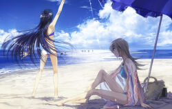 2girls 5boys arm_up beach beach_towel bikini black_hair blonde_hair blue_sky brown_bag brown_eyes brown_hair cloud cloudy_sky dappled_sunlight facing_away facing_to_the_side green_hair horizon johan_andersen looking_at_another manjoume_jun marufuji_sho moribuden multiple_boys multiple_girls ocean on_ground open_clothes open_shirt outdoors sand sand_on_skin saotome_rei shirt sky sunlight swimsuit tenjouin_asuka towel tyranno_kenzan umbrella waving white_shirt yu-gi-oh! yu-gi-oh!_gx yuki_judai