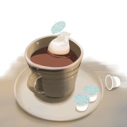 animal bear chai_(drawingchisanne) coffee coffee_mug commentary_request creamer_packet cup food food_focus holding holding_umbrella in_food mug no_humans original partially_submerged polar_bear saucer signature toothpick umbrella undersized_animal