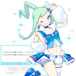 1girl arm_warmers blue_choker choker crop_top diamond_earrings earrings green_eyes green_hair hair_ornament highres jewelry lisia_(pokemon) midriff navel nintendo noi_(noi_pk27) one_eye_closed pokemon pokemon_oras short_shorts shorts showgirl_skirt single_thighhigh solo thighhighs w white_shorts