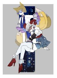 2girls alternate_costume animal_ears bare_shoulders black_bra blonde_hair blue_dress blue_jacket blue_skirt bra breasts choker crossed_legs detached_sleeves dress expressionless fox_ears fox_girl fox_tail full_body grey_background high_heels highres horns jacket large_breasts looking_at_viewer medium_breasts medium_hair multiple_girls multiple_tails navel open_clothes open_jacket red_eyes red_shoes round_eyewear sheep_horns shoes sideboob skirt smile sunglasses tail thigh_strap thighhighs touhou toutetsu_yuuma underwear white_hair white_thighhighs yakumo_ran yellow_eyes zenritsu