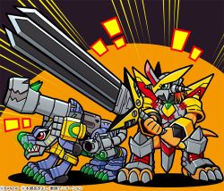 2boys android armor bandai cannon claws copyright_name digimon fighting_stance full_body gauntlets greaves helmet horns looking_to_the_side monster multiple_boys muscular no_humans official_art red_hair short_hair shoulder_pads spikes sword tail team victorygreymon weapon z&#039;dgarurumon
