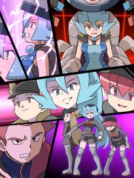 1boy 3girls bent_over blue_bodysuit blue_eyes blue_hair bodysuit boots brown_hair cape clair_(pokemon) clenched_teeth commentary_request electrocution eyelashes gen_4_pokemon gloves grey_boots grey_gloves grin hair_ornament hairclip hat highres hitsugi_mc holding holding_poke_ball jacket jasmine_(pokemon) lance_(pokemon) logo long_hair looking_down magnezone mind_control multiple_girls nintendo pink_eyes pink_hair poke_ball poke_ball_(basic) pokemon pokemon_(creature) pokemon_hgss short_hair smile standing team_rocket team_rocket_uniform teeth thigh_boots whitney_(pokemon)
