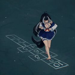 1girl ahoge animal_ears barefoot bikini bikini_under_clothes black_hair blue_bikini blue_skirt body_markings breasts cat_ears cetacean_tail cleavage closed_mouth facial_mark fins fish_tail haedgie heart heart_ahoge highres hopscotch indie_virtual_youtuber large_breasts orca_girl shirt shylily shylily_(1st_costume) skirt swimsuit tail virtual_youtuber white_hair white_shirt