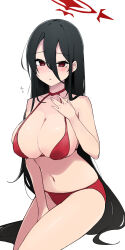 1girl bikini black_hair blue_archive breasts character_request halterneck hand_on_own_chest haseneko highres large_breasts long_hair looking_at_viewer navel red_bikini red_eyes simple_background swimsuit tagme white_background