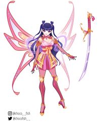 1girl alternate_costume armor asian bare_shoulders blue_hair blunt_bangs breasts chocofish choker cleavage closed_mouth collar commentary corset detached_collar detached_sleeves english_commentary fairy fairy_wings fingerless_gloves full_body gloves hagoromo hair_bobbles hair_ornament hair_rings hakama hakama_short_skirt hakama_skirt happy high_heels highres instagram_username japanese_armor japanese_clothes katana knee_pads kusazuri lapels lipstick long_hair long_sleeves magical_girl makeup musa_(winx_club) nail_polish neck_ribbon notched_lapels oversized_wings pantyhose pendant_choker pink_choker pink_collar pink_corset pink_gloves pink_hakama pink_lips pink_nails pink_pantyhose pink_ribbon pink_shirt pink_shoes pink_sleeves pink_wings purple_eyes reference_sheet ribbon shawl shirt shoes simple_background skirt smile solo sword twitter_username two_side_up very_long_hair waist_ribbon watermark wavy_hair weapon white_background wings winx_club yellow_ribbon