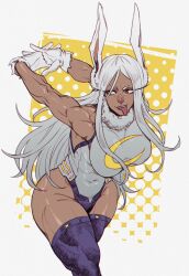 1girl abs absurdres animal_ears arms_behind_back az_ciam boku_no_hero_academia breasts dark_skin gloves highres large_breasts long_hair mirko muscular muscular_female rabbit_ears red_eyes smile solo stretching thighhighs tongue tongue_out white_background white_gloves white_hair yellow_background