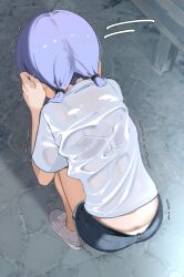 1girl arm_up ass blue_shorts blush bra bra_visible_through_clothes covering_own_ears denim denim_shorts from_behind hayakawa_sena_(pei_iriya) highres long_hair original outdoors panties panty_peek pei_iriya purple_hair scared see-through_clothes see-through_shirt shirt short_sleeves shorts solo squatting t-shirt twintails underwear wet wet_clothes wet_shirt white_bra