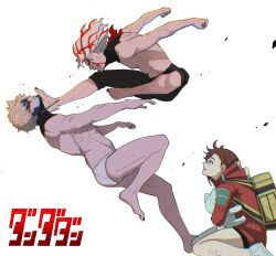 2boys 2girls ayase_momo backpack bag bare_legs barefoot blonde_hair brown_hair cat clenched_teeth commentary_request copyright_name dandadan debris earrings enjoji_jin evil_eye_(dandadan) facial_mark from_side full_body glasses highres jacket jewelry kicking korean_commentary looking_at_another male_underwear multicolored_hair multiple_boys multiple_girls profile protecting red_hair red_jacket round_eyewear short_hair simple_background sitting takakura_ken_(dandadan) takakura_ken_(transformed)_(dandadan) teeth toned toned_male topless_male transformation turbo_granny_(dandadan) two-tone_hair underwear wariza white_background white_hair wolf6481