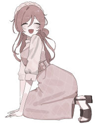 Rule 34 | 1girl, ^ ^, absurdres, arm support, belt, blush, brown hair, brown sandals, closed eyes, commentary request, double-parted bangs, dress, facing to the side, full body, gakuen idolmaster, hair between eyes, hairband, highres, himesaki rinami, idolmaster, kneeling, long hair, na yaa0 0, pink dress, pink hairband, sandals, simple background, smile, solo, white background