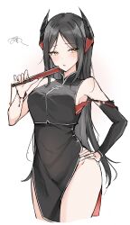 Rule 34 | 1girl, absurdres, arknights, black dress, black hair, black horns, black sleeves, china dress, chinese clothes, cowboy shot, detached sleeves, dress, hand fan, hand on own hip, highres, holding, holding fan, horns, ines (arknights), long hair, mango (mgo), simple background, single detached sleeve, sleeveless, sleeveless dress, solo, thighs, white background, yellow eyes