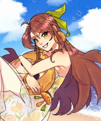 1girl aerith_gainsborough aerith_gainsborough_(citric_dress) ahoge artist_name bangle bare_shoulders beans bracelet breasts brown_hair character_pillow cloud cloud_strife cloudy_sky dress earrings final_fantasy final_fantasy_vii final_fantasy_vii_ever_crisis food-themed_earrings food_print food_themed_earrings fruit_print green_eyes green_ribbon hair_between_eyes hair_ribbon half_updo hugging_object jewelry kurohyn long_dress long_hair looking_at_viewer medium_breasts ocean official_alternate_costume official_alternate_hairstyle orange-shaped_earrings orange-shaped_ornament orange_print parted_bangs parted_lips ribbon sand see-through_clothes see-through_dress sideboob sidelocks sky smile solo strapless strapless_dress tassel tassel_earrings upper_body
