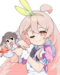 2girls :d ;3 ahoge araimelon bare_arms black_bow black_bowtie black_hair bow bowtie brown_eyes commentary cup english_commentary hair_between_eyes hair_ornament hairband hairclip highres jitome long_hair looking_at_viewer multiple_girls official_alternate_costume one_eye_closed onii-chan_wa_oshimai! open_mouth oyama_mahiro oyama_mihari pink_hair puffy_short_sleeves puffy_sleeves short_sleeves siblings simple_background sisters smile solo_focus spilling sweatdrop tea teacup twintails upper_body white_background wrist_cuffs yellow_hairband
