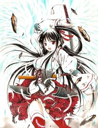 1girl bad_id bad_pixiv_id black_hair female_focus moonsorrow pixiv_fantasia pixiv_fantasia_1 red_eyes solo sword sword_on_back thighhighs torn_clothes weapon weapon_on_back