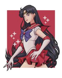 1girl back_bow bishoujo_senshi_sailor_moon black_hair blue_bow blue_bowtie border bow bowtie choker circlet earrings elbow_gloves from_side gloves highres hino_rei inner_senshi jewelry long_hair looking_afar miniskirt outside_border pixelian1989 purple_eyes red_background red_bow red_choker red_sailor_collar red_skirt sailor_collar sailor_mars sailor_senshi sailor_senshi_uniform skirt solo star_(symbol) very_long_hair white_border white_gloves