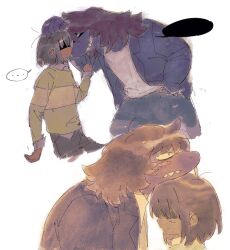 ... 1girl 1other blank_speech_bubble brown_hair collared_shirt colored_skin commentary deltarune furry furry_female green_sweater hand_in_pocket hand_on_another&#039;s_head hashtag-only_commentary highres jacket kris_(deltarune) laz_(wancchaco) long_hair loose_hair_strand purple_jacket purple_skin sharp_teeth shirt short_hair single_horizontal_stripe speech_bubble spoken_ellipsis striped_clothes striped_sweater susie_(deltarune) sweater teeth white_shirt