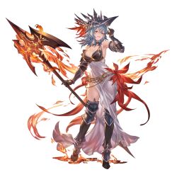 Rule 34 | 1girl, bare shoulders, blue eyes, blue hair, breasts, cleavage, dress, elbow gloves, fire, gauntlets, gloves, granblue fantasy, grin, hat, large breasts, looking at viewer, mars (shingeki no bahamut), medium hair, minaba hideo, official art, polearm, shingeki no bahamut, smile, solo, spear, thighhighs, weapon, white dress