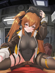 1boy 1girl :3 assertive_female black_jacket black_leotard black_pants black_ribbon black_thighhighs blush breasts brown_eyes brown_hair bulge commander_(girls&#039;_frontline) covered_navel crossed_bangs girls&#039;_frontline girls&#039;_frontline_2:_exilium hair_ribbon head-mounted_display jacket large_breasts lenna_(girls&#039;_frontline_2) leotard leotard_under_clothes long_hair looking_at_viewer naughty_face open_clothes open_jacket pants pov removing_eyewear ribbon samsam_s2s sitting sitting_on_person smile spread_legs straddling thighhighs twintails ump9_(girls&#039;_frontline)