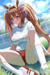 1girl absurdres animal_ears blush bow bra_visible_through_clothes breasts brown_hair buruma crown daiwa_scarlet_(umamusume) hair_between_eyes hair_bow hair_intakes highres horse_ears horse_girl kneehighs large_breasts open_mouth red_bow red_buruma red_eyes shirt shoes short_sleeves sneakers socks solo sweat t-shirt twintails umamusume wet wet_clothes wet_shirt white_shirt white_shoes white_socks woongbi