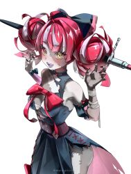 Rule 34 | 1girl, :d, absurdres, belt, breasts, chest bow, colored skin, double bun, dress, fang, grey skin, hair between eyes, hair bun, highres, hololive, hololive indonesia, hppu8734, kureiji ollie, kureiji ollie (1st costume), looking at viewer, multicolored skin, object through head, open mouth, outstretched arms, patchwork skin, simple background, small breasts, smile, solo, stitched arm, stitched face, stitched leg, stitched torso, stitches, sword, sword in head, symbol-shaped pupils, torn clothes, torn dress, two-tone skin, virtual youtuber, weapon, white background, x-shaped pupils, zombie, zombie pose