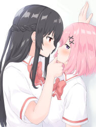 2girls amaori_renako assertive_female black_hair blush bow bowtie braid closed_mouth collared_shirt commentary_request couple eye_contact hair_ornament hair_over_shoulder half_up_braid hand_on_another&#039;s_chin highres invisible_wall kabedon koto_satsuki long_hair long_sidelocks looking_at_another medium_hair multiple_girls orange_eyes parted_lips pink_hair purple_eyes red_bow red_bowtie school_uniform serious shirt short_sleeves sidelocks sideways_glance twinklemelon upper_body watashi_ga_koibito_ni_nareru_wake_naijan_murimuri! white_shirt x_hair_ornament yuri