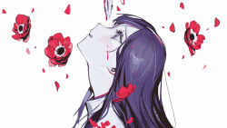 1girl anemone_(flower) commentary_request falling_petals floral_background flower from_side highres long_hair looking_up mitsubachi_(roundbee) original parted_lips petals profile purple_hair red_flower sad simple_background solo upper_body white_background