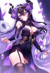 1girl absurdres artist_name asymmetrical_legwear black_boots black_dress black_horns black_sleeves black_thighhighs body_jewelry boots breasts broken_horn by_mirin chain chestnut_mouth commentary covered_navel detached_sleeves double-parted_bangs dress english_commentary floating_hair flower garter_straps gem gold_chain hair_flower hair_intakes hair_ornament halter_dress halterneck head_chain highres horns indie_virtual_youtuber jewelry large_breasts light_blush long_hair looking_at_viewer mismatched_legwear purple_eyes purple_flower purple_gemstone purple_hair purple_nails second-party_source short_dress single_garter_strap single_thigh_boot single_thighhigh solo thigh_boots thighhighs unjaded_(vtuber) very_long_hair virtual_youtuber