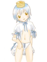 bisuke-tan blue_hair blush bow bow_panties brown_eyes dress kfc navel object_on_head open_clothes open_dress open_shirt panties shirt short_hair solo standing underwear white_dress white_panties