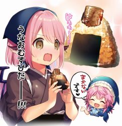Rule 34 | 2girls, animal ears, animal hat, bird ears, bird wings, black sash, blue hat, blue headscarf, blue scarf, blush, breasts, brown hair, brown kimono, chibi, chibi inset, closed eyes, commentary request, cross-laced clothes, flat chest, food, happy, hat, headscarf, japanese clothes, kapuchii, kimono, medium breasts, multiple girls, mystia lorelei, okamisty, okunoda miyoi, onigiri, open mouth, pink hair, pink wings, puffy short sleeves, puffy sleeves, sash, scarf, short hair, short sleeves, sparkle, speech bubble, touhou, translation request, upper body, whale hat, wings