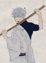 Rule 34 | 1boy, absurdres, arm up, belt, black shirt, closed mouth, commentary request, cowboy shot, ghqjyu, gintama, grey hair, highres, holding, holding sword, holding weapon, japanese clothes, kimono, long sleeves, looking back, male focus, popped collar, red eyes, red trim, sakata gintoki, shirt, short hair, short sleeves, smile, solo, standing, sword, weapon, wide sleeves, wooden sword, yukata