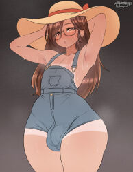 Rule 34 | 1boy, armpits, arms behind head, arms up, artist name, bare arms, bare shoulders, blue overalls, brown eyes, brown hair, bulge, collarbone, commentary, covered penis, cowboy shot, english commentary, glasses, gradient background, grey background, hair between eyes, hat, highres, inverted nipples, light blush, long hair, looking at viewer, meganethings, nipples, original, overalls, parted bangs, parted lips, pocket, semi-rimless eyewear, solo, sun hat, sweat, tan, tanline, thick thighs, thighs, trap, under-rim eyewear, very sweaty, yellow hat, yume (meganethings)