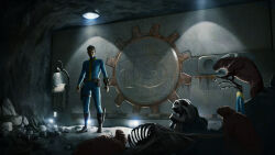 1boy absurdres belt_pouch boot_knife brown_hair cave fallout fallout_1 gustavo_ferro highres knife molerat pip_boy pouch skeleton vault_door vault_dweller vault_suit wrist_computer