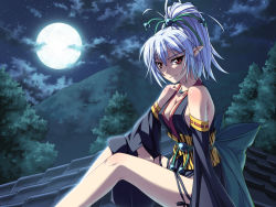 1girl breasts female_focus game_cg hime_to_majin_to_koi_suru_tamashii_(game) long_hair moon pointy_ears red_eyes roof rooftop solo tree white_hair