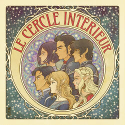 3boys 3girls a_court_of_thorns_and_roses_(series) amren_(acotar) armor art_nouveau artist_logo azriel_(acotar) black_hair blonde_hair border braid brown_hair cassian_(acotar) commentary earrings english_commentary feyre_archeron french_text from_side hair_ornament highres jewelry logo long_hair morrigan_(acotar) multiple_boys multiple_girls pointy_ears profile purple_hair rhysand_(acotar) short_hair sideburns starcarrot
