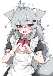1girl ahoge animal_ears apron bandaid bandaid_on_cheek bandaid_on_face black_dress dress fang fenrir_(fenriluuu) grey_hair heart heart_hands highres long_hair maid maid_headdress open_mouth original pink_eyes puffy_short_sleeves puffy_sleeves rir-chan short_sleeves skin_fang smile solo tail white_apron wolf_ears wolf_girl wolf_tail wrist_cuffs