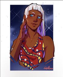 1girl bandana bandana_around_neck bandeau blue_eyes dark-skinned_female dark_skin earrings elena_(street_fighter) highres hoop_earrings jewelry long_hair looking_at_viewer print_bandana print_request signature solo strapless street_fighter street_fighter_6 upper_body valentina_tavolilla very_dark_skin white_bandeau white_hair