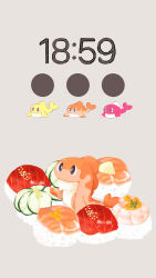 animal_focus black_eyes bright_pupils chitan_(chitan4615) creatures_(company) cucumber cucumber_slice fake_screenshot fish fish_(food) food food_focus fruit full_body game_freak grey_background highres in_food lemon lemon_slice nigirizushi nintendo no_humans pokemon pokemon_(creature) rice roe sesame_seeds simple_background sushi tatsugiri tatsugiri_(curly) tatsugiri_(droopy) tatsugiri_(stretchy) timestamp white_pupils