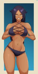 Rule 34 | 1girl, bare shoulders, bikini, bleach, bleach: brave souls, bleach: sennen kessen-hen, breasts, collarbone, dark-skinned female, dark skin, female focus, grabbing own breast, gsm1le, highres, large breasts, long hair, looking at viewer, official alternate costume, parted bangs, purple hair, shihouin yoruichi, standing, swimsuit, teeth, wet, yellow eyes