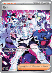 1girl anger_vein annihilape artist_name black_shorts boots breasts card_(medium) character_name closed_mouth company_name copyright_name copyright_notice detached_sleeves domu_(hamadura) english_text eri_(pokemon) gen_4_pokemon gen_7_pokemon grin heal_ball holding holding_poke_ball long_hair lucario necktie nintendo official_art open_mouth passimian poke_ball pokemon pokemon_(creature) pokemon_card pokemon_tcg red_eyes red_necktie shirt shorts shorts_under_skirt skirt smile team_star teeth third-party_source toned toned_female toxicroak trading_card white_boots white_eyes white_hair white_shirt white_skirt