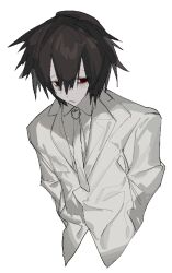 1boy brown_hair chinese_commentary closed_mouth collared_shirt commentary_request cropped_torso hair_between_eyes hands_in_pockets highres jacket long_sleeves male_focus necktie original red_eyes shirt simple_background solo vihua6 white_background white_jacket white_necktie white_shirt