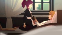 1boy 1girl aisha_greyrat animated artist_name blonde_hair book brother_and_sister censored closed_eyes clothed_sex cowgirl_position curtains green_eyes hetero highres holding holding_book incest indoors lying maid medium_hair mosaic_censoring mushoku_tensei nekoflux on_back ponytail red_hair rudeus_greyrat sex siblings straddling tagme vaginal video window