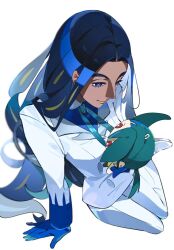 Rule 34 | 1girl, arm support, black hair, blue eyes, blue gloves, blue shirt, character doll, closed mouth, doll, eyelashes, geeta (pokemon), geetasdog, gloves, green ribbon, hand up, holding, holding doll, jacket, long hair, long sleeves, neck ribbon, nintendo, official alternate color, official alternate costume, pants, pokemon, pokemon masters ex, ribbon, rika (pokemon), shirt, shoes, white background, white jacket, white pants, white shoes