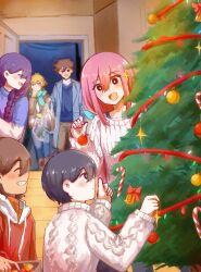Rule 34 | 2girls, 4boys, absurdres, alternate costume, alternate hairstyle, antenna hair, aubrey (faraway) (omori), aubrey (omori), bag, bailan1130, basil (faraway) (omori), basil (omori), black eyes, black hair, blonde hair, blue coat, blue eyes, blue ribbon, blue sweater, blush, bra strap, braid, bright pupils, brother and sister, brothers, brown coat, brown eyes, brown hair, brown pants, candy, candy cane, christmas ornaments, christmas tree, closed eyes, closed mouth, coat, dark-skinned male, dark skin, decorating christmas tree, denim, flower, food, green scarf, grin, hair flower, hair ornament, hair ribbon, hero (faraway) (omori), hero (omori), highres, holding, holding bag, hood, hoodie, indoors, jeans, kel (faraway) (omori), kel (omori), long hair, long sleeves, looking at another, low twin braids, mari (faraway) (omori), mari (omori), multiple boys, multiple girls, omori, open mouth, pants, parted lips, pink hair, plastic bag, purple hair, red hoodie, ribbed sweater, ribbon, scarf, short hair, siblings, smile, sunny (omori), sweater, teeth, twin braids, white pupils, white sweater