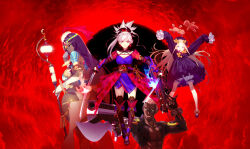 1boy 3girls abigail_williams_(fate) aiming arabian_clothes armor asymmetrical_hair black_bow black_hair blonde_hair bloomers blue_eyes bow breasts circlet cleavage cloud cloudy_sky cropped_jacket dark-skinned_female dark-skinned_male dark_skin detached_sleeves dress dual_wielding earrings emiya_alter facial_mark fate/grand_order fate_(series) forehead green_eyes gun hair_bow hair_ornament hat highres holding holding_gun holding_staff holding_sword holding_weapon japanese_clothes jewelry katana key_visual kimono koyama_hirokazu kuroboshi_kouhaku large_breasts long_hair long_sleeves looking_at_viewer magatama magatama_necklace miyamoto_musashi_(fate) multiple_girls namaniku_atk necklace obi official_art open_mouth orange_bow parted_bangs pauldrons pectorals pink_hair ponytail promotional_art red_sky sasaki_shounen sash scheherazade_(fate) second-party_source short_hair short_kimono shoulder_armor sky sleeves_past_fingers sleeves_past_wrists staff stuffed_animal stuffed_toy sword teddy_bear thighhighs toned toned_male underwear very_dark_skin very_long_hair weapon white_bloomers white_hair yellow_eyes