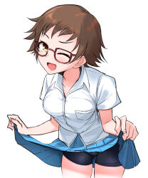1girl bike_shorts blue_skirt blush breasts brown_eyes brown_hair clothes_lift glasses highres idolmaster idolmaster_cinderella_girls idolmaster_cinderella_girls_starlight_stage kitagawa_mahiro looking_at_viewer medium_breasts one_eye_closed open_mouth pleated_skirt red-framed_eyewear shirota_mizuki shirt short_hair simple_background skirt skirt_lift smile solo white_background white_shirt