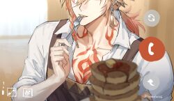 1boy akabane_yu blonde_hair braid chest_tattoo collared_shirt earrings eating facial_tattoo food fork gold_earrings gradient_hair hair_between_eyes hashtag-only_commentary highres holding holding_fork holding_plate honkai:_star_rail honkai_(series) jewelry male_focus medium_hair multicolored_hair mydei_(honkai:_star_rail) official_alternate_costume pancake pancake_stack pectoral_cleavage pectorals plate ponytail red_hair red_tattoo shirt side_braid sleeves_rolled_up solo tattoo video_call white_shirt