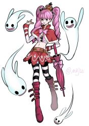 1girl blunt_bangs boots bow bowtie capelet crop_top crown full_body ghost hand_on_own_hip hashtag-only_commentary holding holding_umbrella long_sleeves looking_at_viewer lower_eyelashes_only mrjieshisu one_piece pantyhose perona pink_bow pink_bowtie pink_hair simple_background skirt striped_clothes striped_pantyhose twintails umbrella white_background
