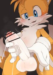 1boy animal_ears bar_censor blue_eyes censored cum foreskin fox_boy fox_ears fox_tail furry furry_male male_focus male_masturbation manmosu_marimo masturbation multiple_tails open_mouth penis phimosis solo sonic_(series) tail tails_(sonic) testicles two_tails